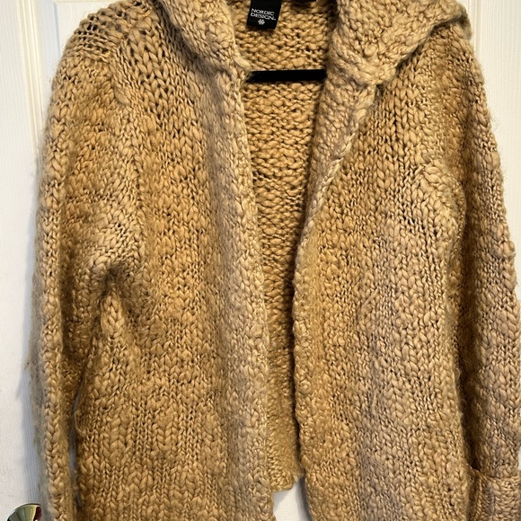 100% Wool Tan Hand Knit Hoodie Cardigan Large - Picture 5 of 6